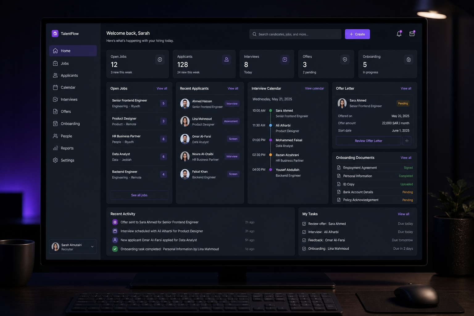 Unified talent operations workspace for jobs, interviews, offers, and onboarding